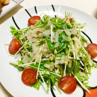 水菜とプチトマトのらっきょう胡麻ドレ和えサラダ♡